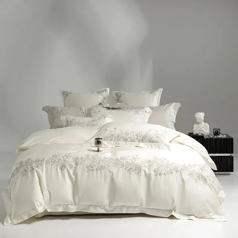 Flytonn-4Pcs Pearl White Luxury Embroidery Bedding Set 1000TC Egyptian Cotton Soft Silky Duvet Coves Flat/Fitted Bed Sheet Pillowcases