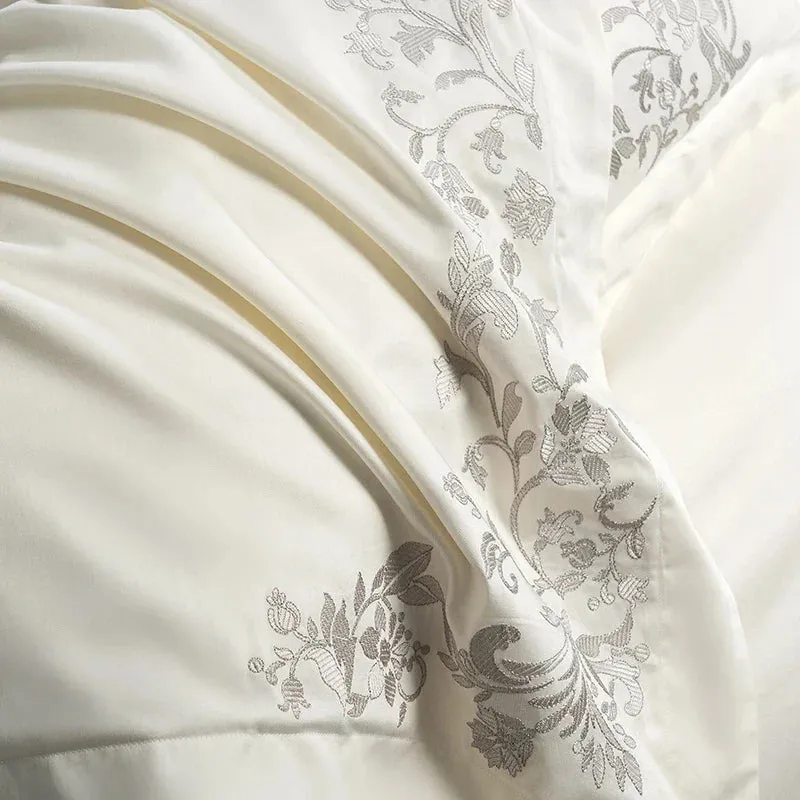 Flytonn-4Pcs Pearl White Luxury Embroidery Bedding Set 1000TC Egyptian Cotton Soft Silky Duvet Coves Flat/Fitted Bed Sheet Pillowcases