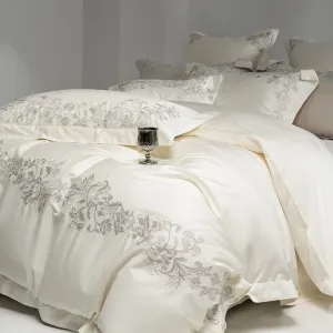 Flytonn-4Pcs Pearl White Luxury Embroidery Bedding Set 1000TC Egyptian Cotton Soft Silky Duvet Coves Flat/Fitted Bed Sheet Pillowcases
