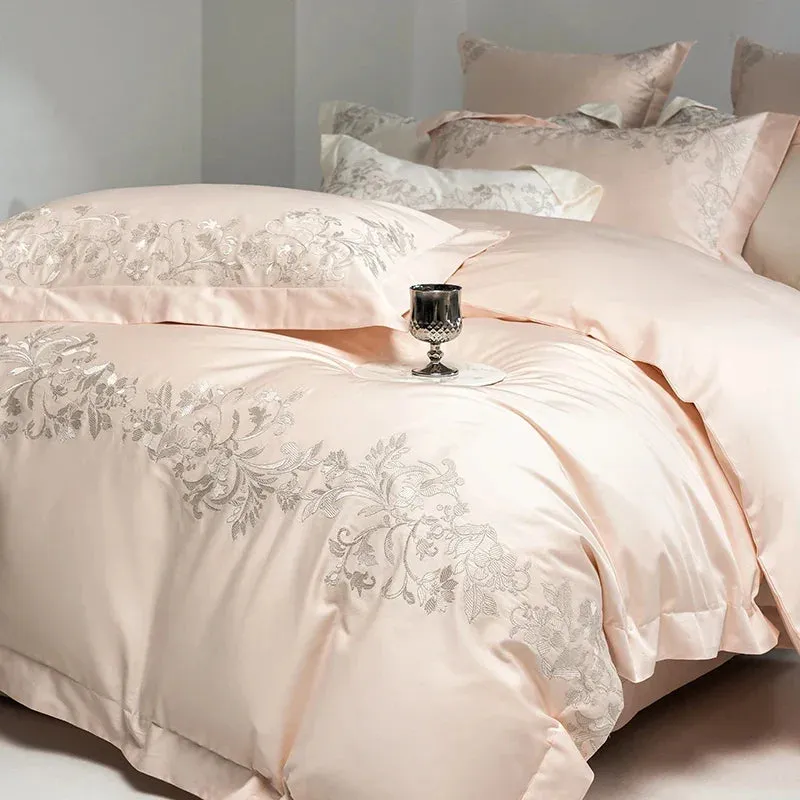 Flytonn-4Pcs Pearl White Luxury Embroidery Bedding Set 1000TC Egyptian Cotton Soft Silky Duvet Coves Flat/Fitted Bed Sheet Pillowcases