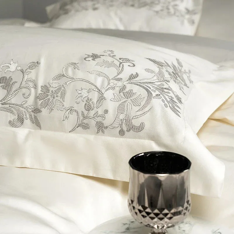 Flytonn-4Pcs Pearl White Luxury Embroidery Bedding Set 1000TC Egyptian Cotton Soft Silky Duvet Coves Flat/Fitted Bed Sheet Pillowcases