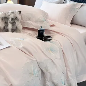 Flytonn-4Pcs Pink Luxury Flower Embroidery Bedding Set 1000TC Egyptian Cotton Brushed Duvet Coves Set Bed Sheet Fitted Sheet Pillowcases