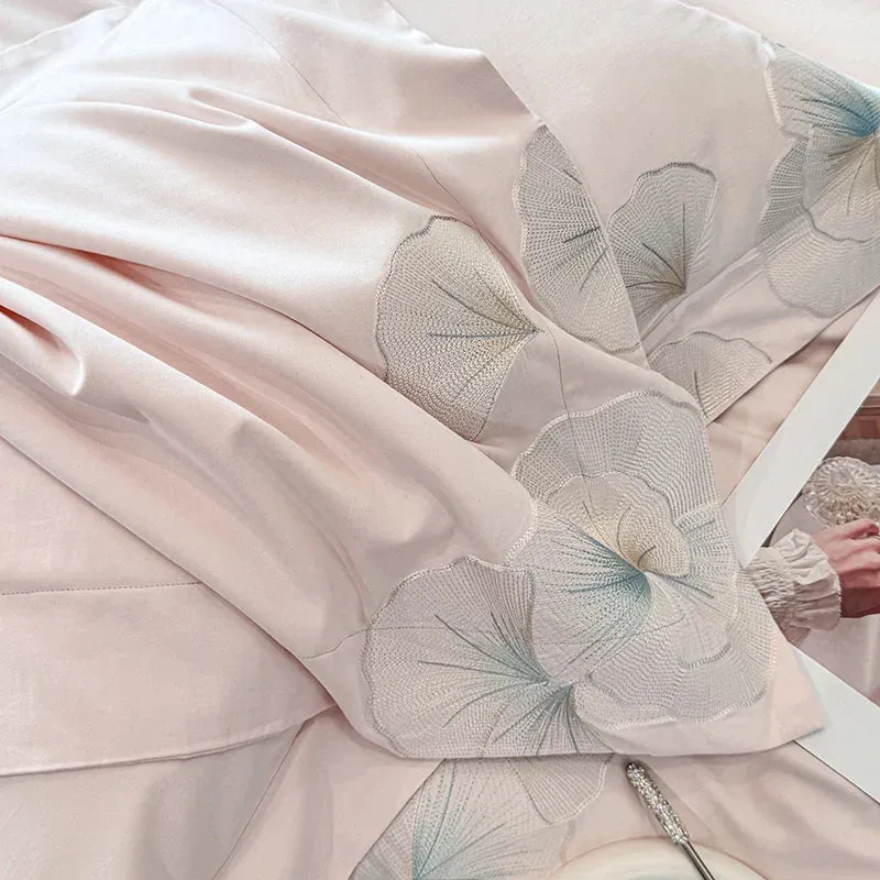 Flytonn-4Pcs Pink Luxury Flower Embroidery Bedding Set 1000TC Egyptian Cotton Brushed Duvet Coves Set Bed Sheet Fitted Sheet Pillowcases