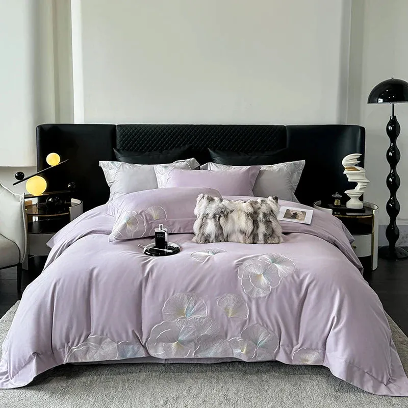 Flytonn-4Pcs Pink Luxury Flower Embroidery Bedding Set 1000TC Egyptian Cotton Brushed Duvet Coves Set Bed Sheet Fitted Sheet Pillowcases