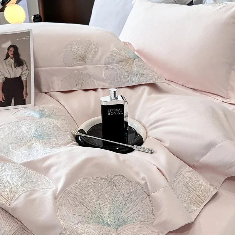 Flytonn-4Pcs Pink Luxury Flower Embroidery Bedding Set 1000TC Egyptian Cotton Brushed Duvet Coves Set Bed Sheet Fitted Sheet Pillowcases