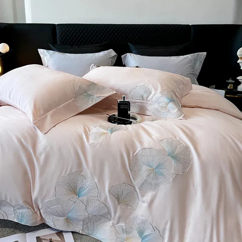 Flytonn-4Pcs Pink Luxury Flower Embroidery Bedding Set 1000TC Egyptian Cotton Brushed Duvet Coves Set Bed Sheet Fitted Sheet Pillowcases