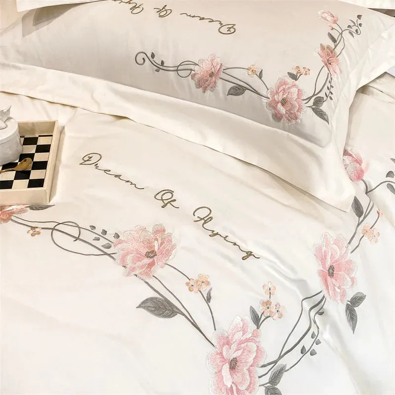 Flytonn-Chic Flowers Embroidery Bedding Set, Duvet Cover, Bed Sheet, Fitted Sheet, Pillowcases, Queen, King Size Bed Set, 100% Cotton