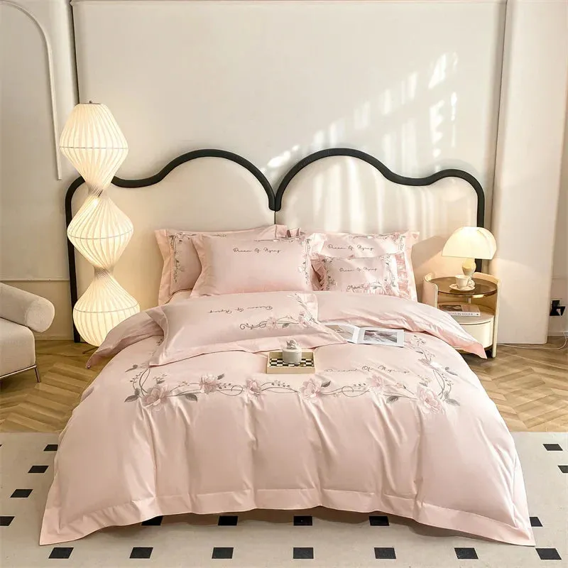 Flytonn-Chic Flowers Embroidery Bedding Set, Duvet Cover, Bed Sheet, Fitted Sheet, Pillowcases, Queen, King Size Bed Set, 100% Cotton