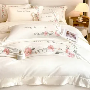Flytonn-Chic Flowers Embroidery Bedding Set, Duvet Cover, Bed Sheet, Fitted Sheet, Pillowcases, Queen, King Size Bed Set, 100% Cotton