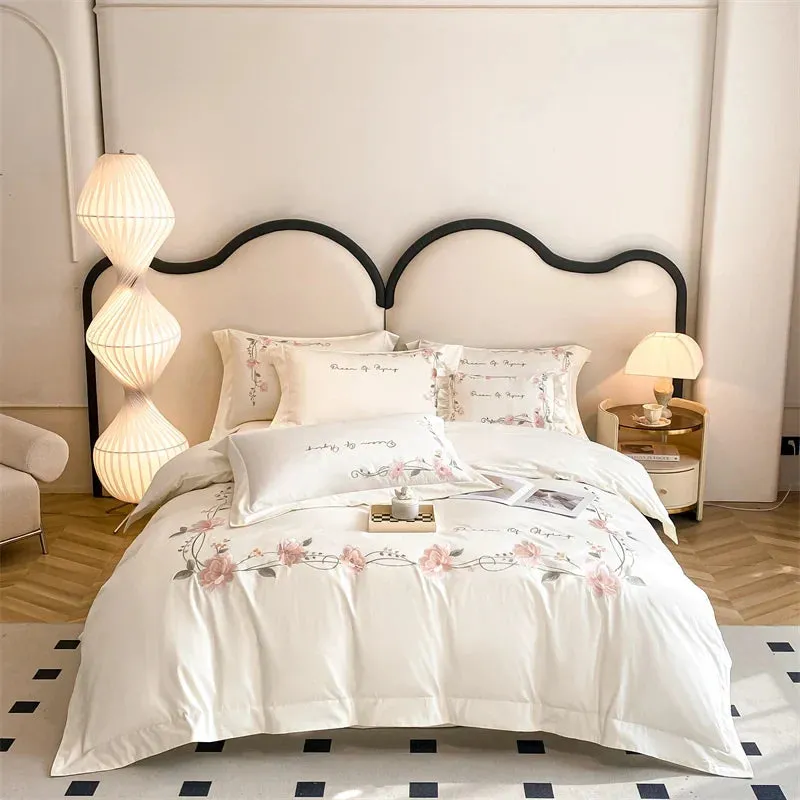Flytonn-Chic Flowers Embroidery Bedding Set, Duvet Cover, Bed Sheet, Fitted Sheet, Pillowcases, Queen, King Size Bed Set, 100% Cotton