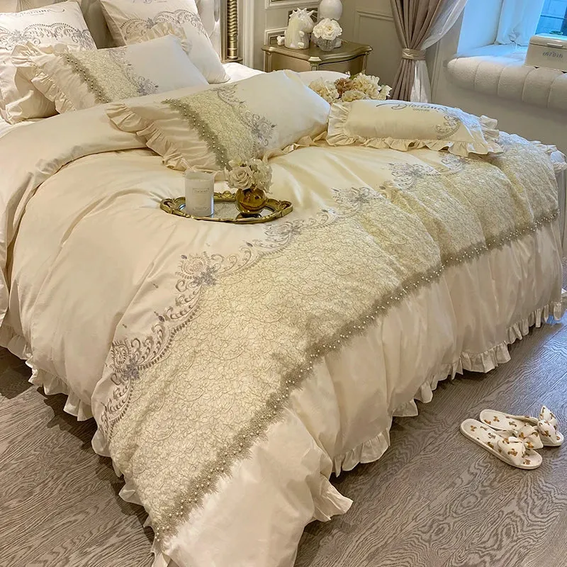 Flytonn-European-Style French Ruffles Handmade Beads Bedding Set Egyptian Cotton Flowers Embroidery Duvet Cover Bed Sheet Pillowcases