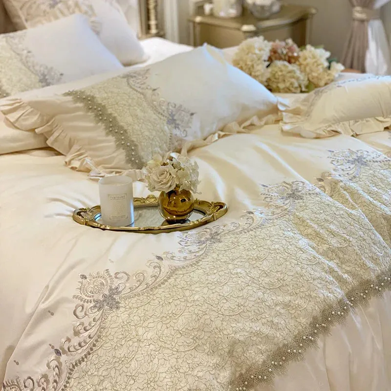 Flytonn-European-Style French Ruffles Handmade Beads Bedding Set Egyptian Cotton Flowers Embroidery Duvet Cover Bed Sheet Pillowcases