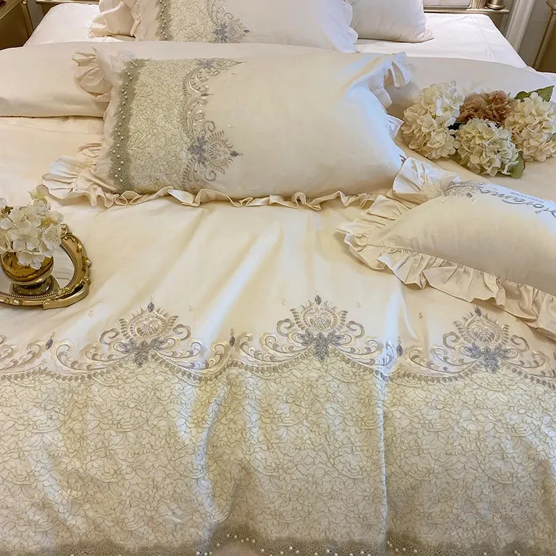 Flytonn-European-Style French Ruffles Handmade Beads Bedding Set Egyptian Cotton Flowers Embroidery Duvet Cover Bed Sheet Pillowcases