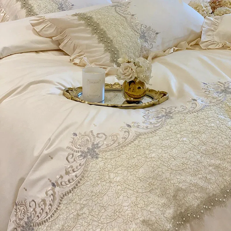 Flytonn-European-Style French Ruffles Handmade Beads Bedding Set Egyptian Cotton Flowers Embroidery Duvet Cover Bed Sheet Pillowcases