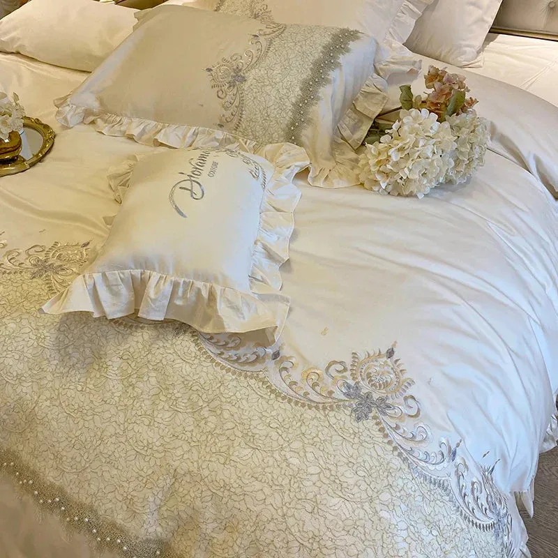 Flytonn-European-Style French Ruffles Handmade Beads Bedding Set Egyptian Cotton Flowers Embroidery Duvet Cover Bed Sheet Pillowcases