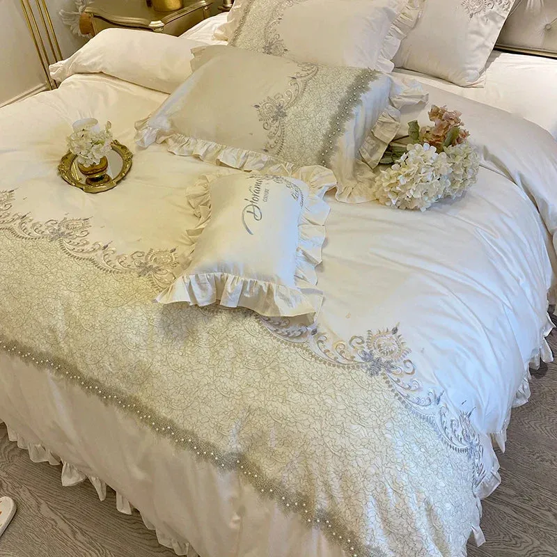 Flytonn-European-Style French Ruffles Handmade Beads Bedding Set Egyptian Cotton Flowers Embroidery Duvet Cover Bed Sheet Pillowcases