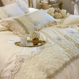 Flytonn-European-Style French Ruffles Handmade Beads Bedding Set Egyptian Cotton Flowers Embroidery Duvet Cover Bed Sheet Pillowcases