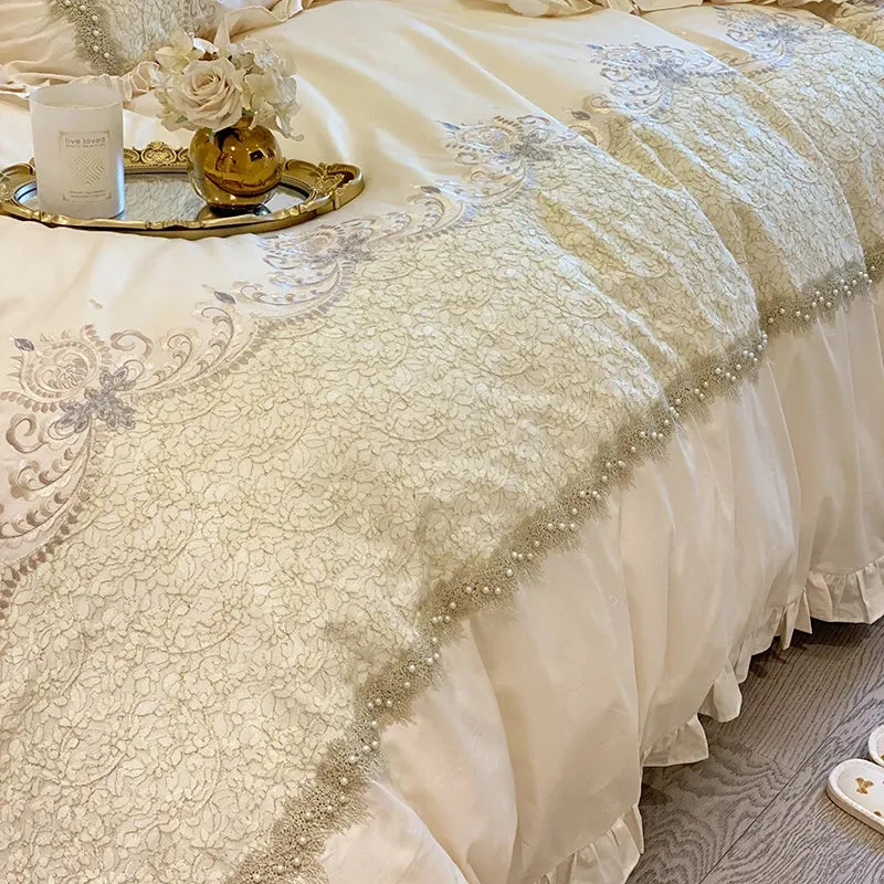 Flytonn-European-Style French Ruffles Handmade Beads Bedding Set Egyptian Cotton Flowers Embroidery Duvet Cover Bed Sheet Pillowcases