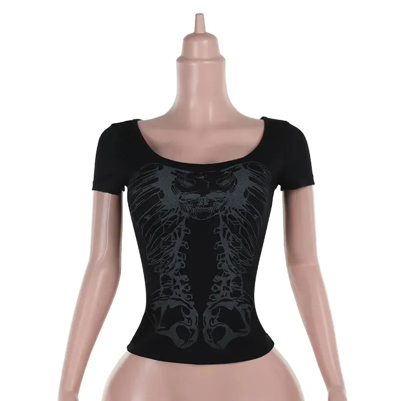 Flytonn-Halloween Outfits Halloween Gifts Gothic Style Punk Girls Club Hollow-out Summer Black Slim Skull Print T-Shirt Gothic Popular Visual Kei Sexy Cotton Tees Top