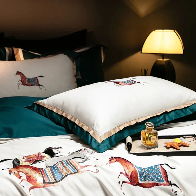 Flytonn-high-end 100S Egyptian Cotton Luxury Galloping Horse Embroidery Bedding Set White Orange Duvet Cover Set Bed Sheet Pillowcases