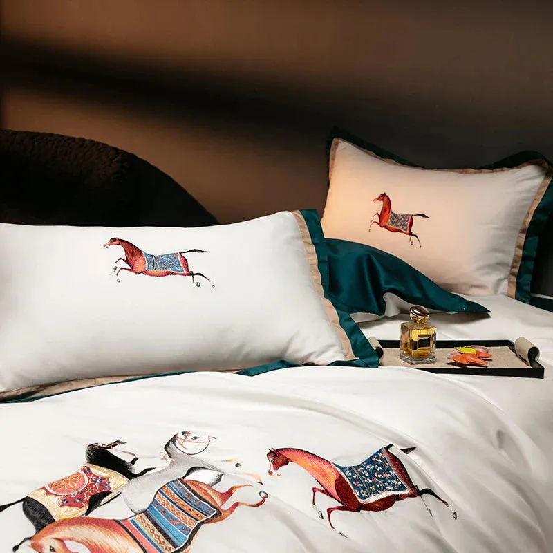 Flytonn-high-end 100S Egyptian Cotton Luxury Galloping Horse Embroidery Bedding Set White Orange Duvet Cover Set Bed Sheet Pillowcases