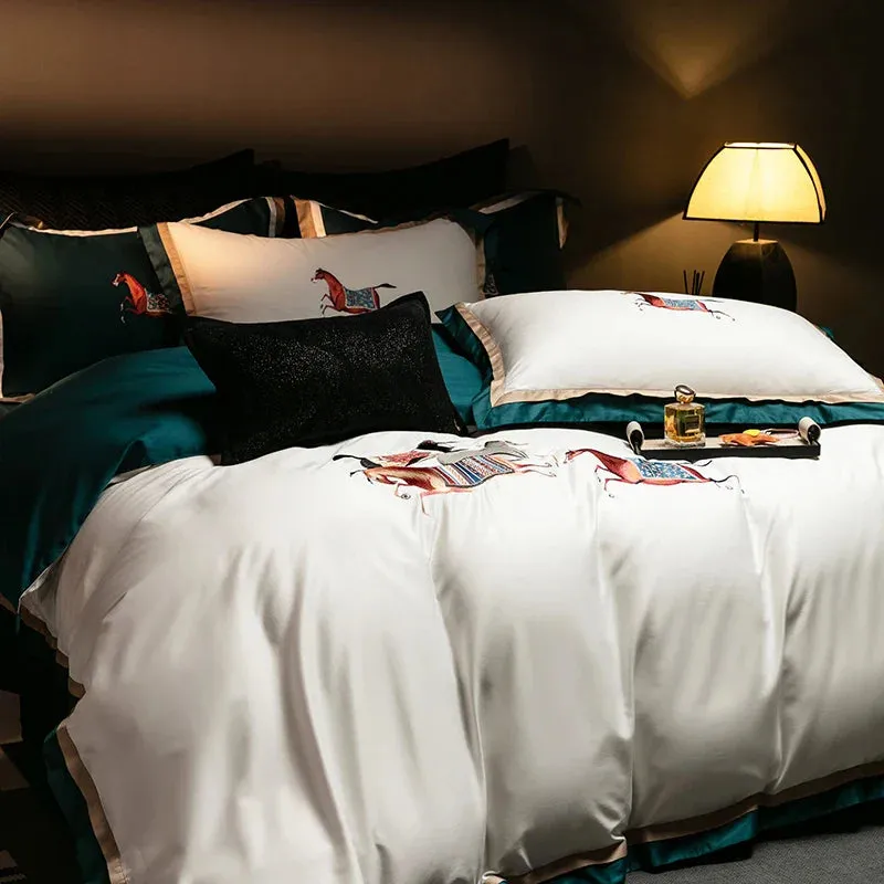 Flytonn-high-end 100S Egyptian Cotton Luxury Galloping Horse Embroidery Bedding Set White Orange Duvet Cover Set Bed Sheet Pillowcases