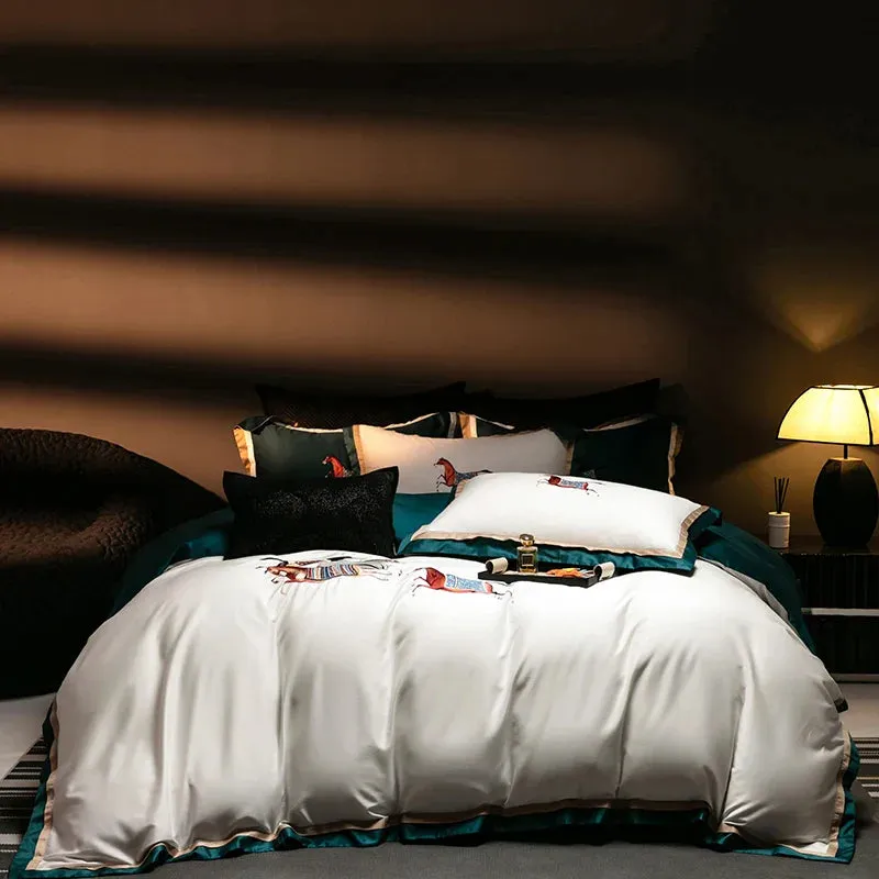 Flytonn-high-end 100S Egyptian Cotton Luxury Galloping Horse Embroidery Bedding Set White Orange Duvet Cover Set Bed Sheet Pillowcases