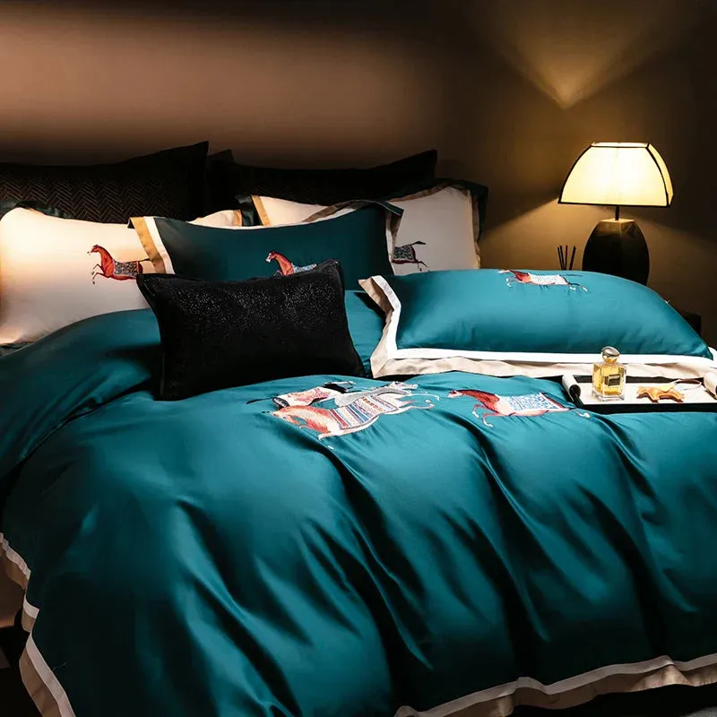 Flytonn-high-end 100S Egyptian Cotton Luxury Galloping Horse Embroidery Bedding Set White Orange Duvet Cover Set Bed Sheet Pillowcases