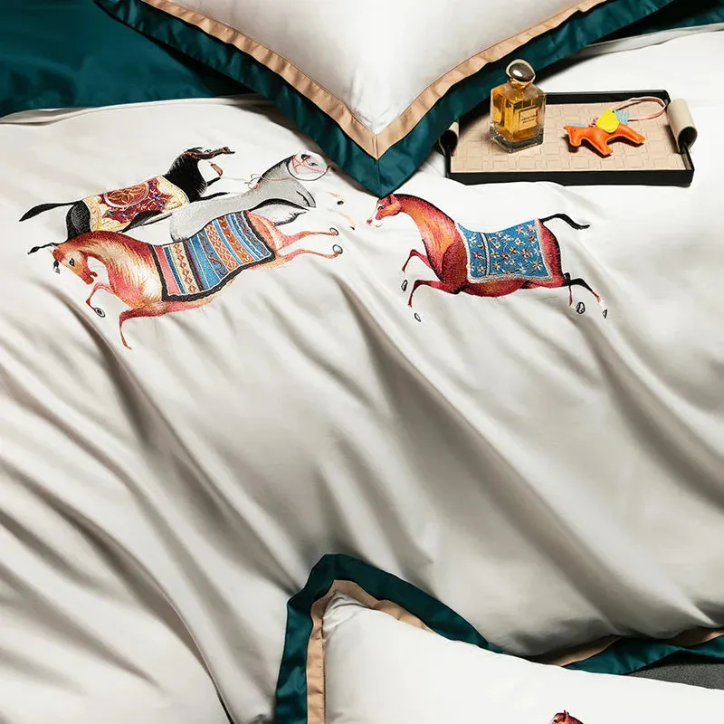 Flytonn-high-end 100S Egyptian Cotton Luxury Galloping Horse Embroidery Bedding Set White Orange Duvet Cover Set Bed Sheet Pillowcases