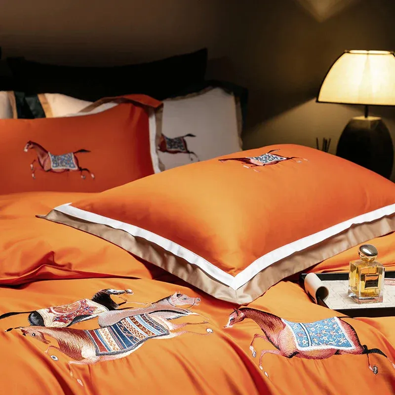 Flytonn-high-end 100S Egyptian Cotton Luxury Galloping Horse Embroidery Bedding Set White Orange Duvet Cover Set Bed Sheet Pillowcases
