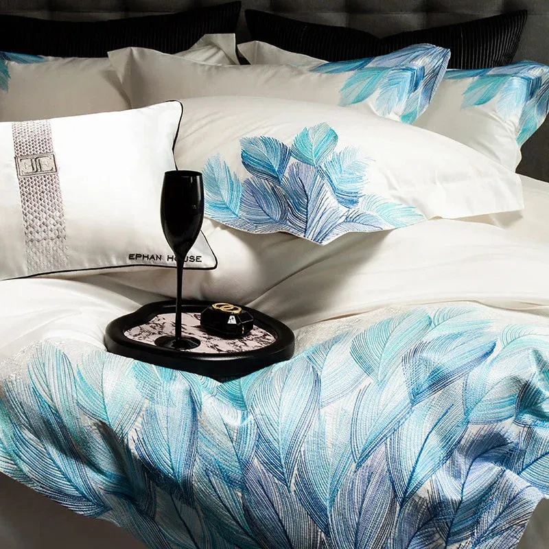 Flytonn-Luxury Bedding Set 1000TC Egyptian Cotton Feather Embroidery Queen King Size Duvet Cover Set Flat/Fitted Bed Sheet Pillowcases