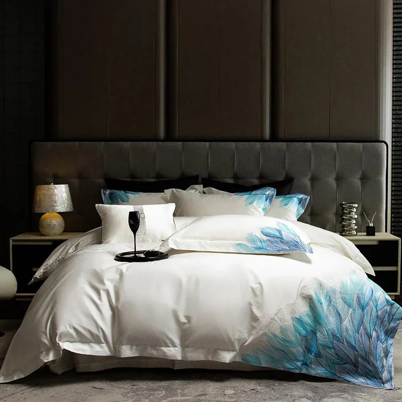 Flytonn-Luxury Bedding Set 1000TC Egyptian Cotton Feather Embroidery Queen King Size Duvet Cover Set Flat/Fitted Bed Sheet Pillowcases