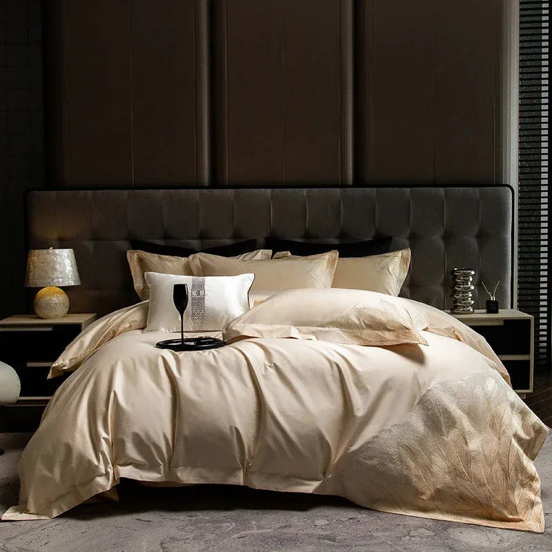 Flytonn-Luxury Bedding Set 1000TC Egyptian Cotton Feather Embroidery Queen King Size Duvet Cover Set Flat/Fitted Bed Sheet Pillowcases