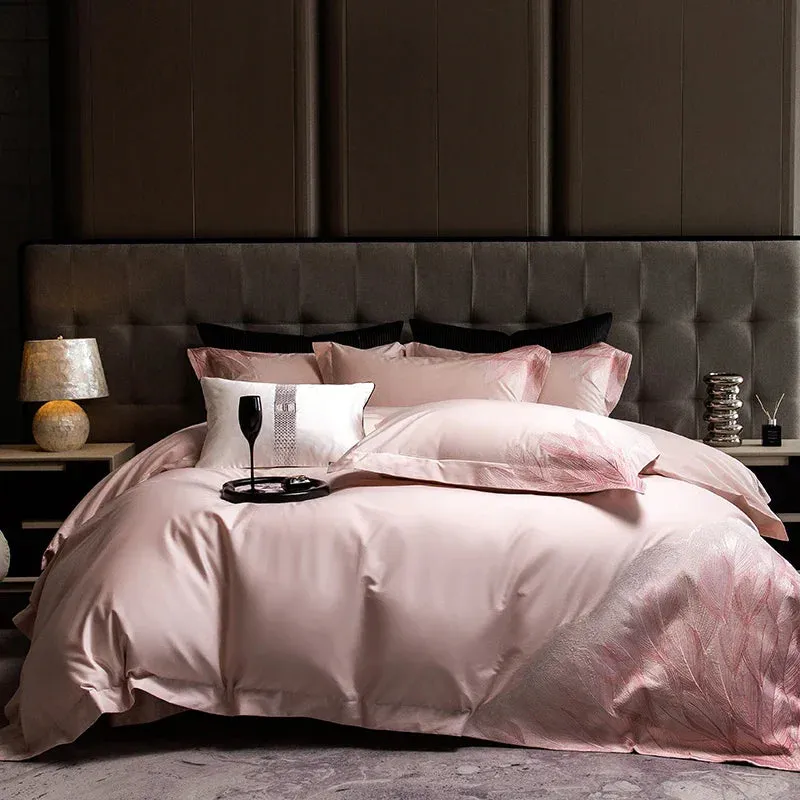 Flytonn-Luxury Bedding Set 1000TC Egyptian Cotton Feather Embroidery Queen King Size Duvet Cover Set Flat/Fitted Bed Sheet Pillowcases