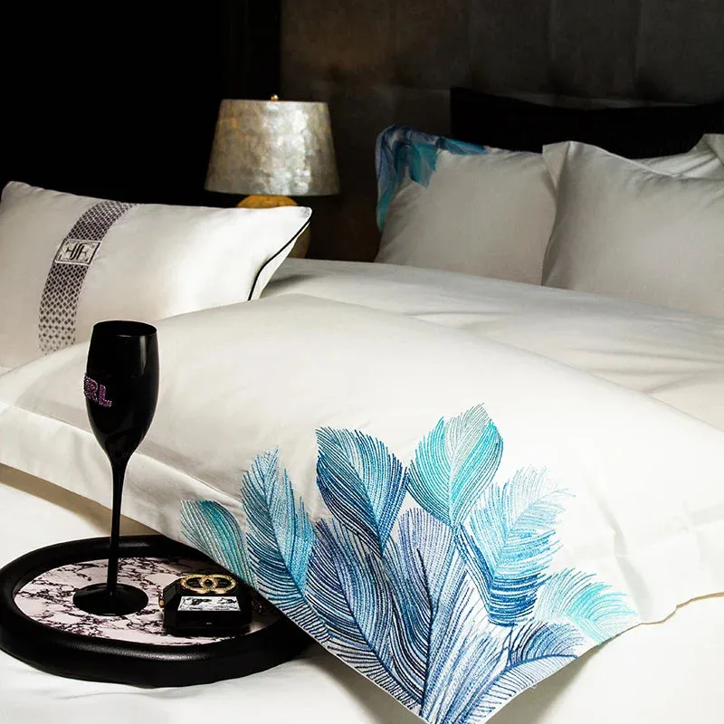 Flytonn-Luxury Bedding Set 1000TC Egyptian Cotton Feather Embroidery Queen King Size Duvet Cover Set Flat/Fitted Bed Sheet Pillowcases