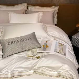 Flytonn-Luxury Embroidery King Size Bedding Set 600TC Egyptian Cotton Soft Smooth Duvet Cover Set Bed Sheet Set Fitted Sheet Pillowcases