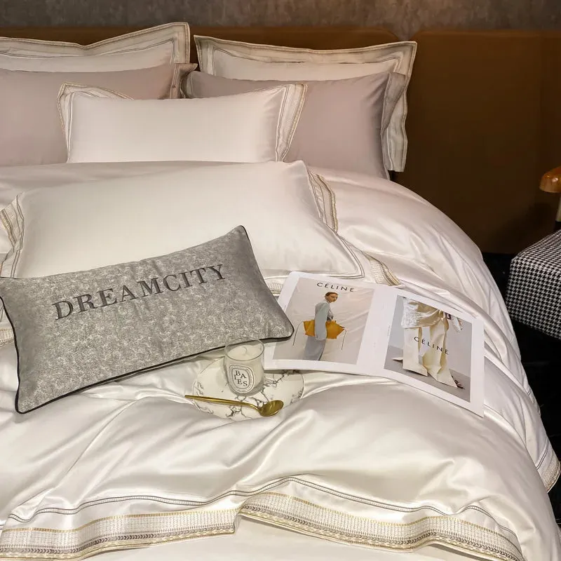 Flytonn-Luxury Embroidery King Size Bedding Set 600TC Egyptian Cotton Soft Smooth Duvet Cover Set Bed Sheet Set Fitted Sheet Pillowcases