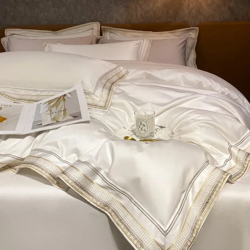 Flytonn-Luxury Embroidery King Size Bedding Set 600TC Egyptian Cotton Soft Smooth Duvet Cover Set Bed Sheet Set Fitted Sheet Pillowcases