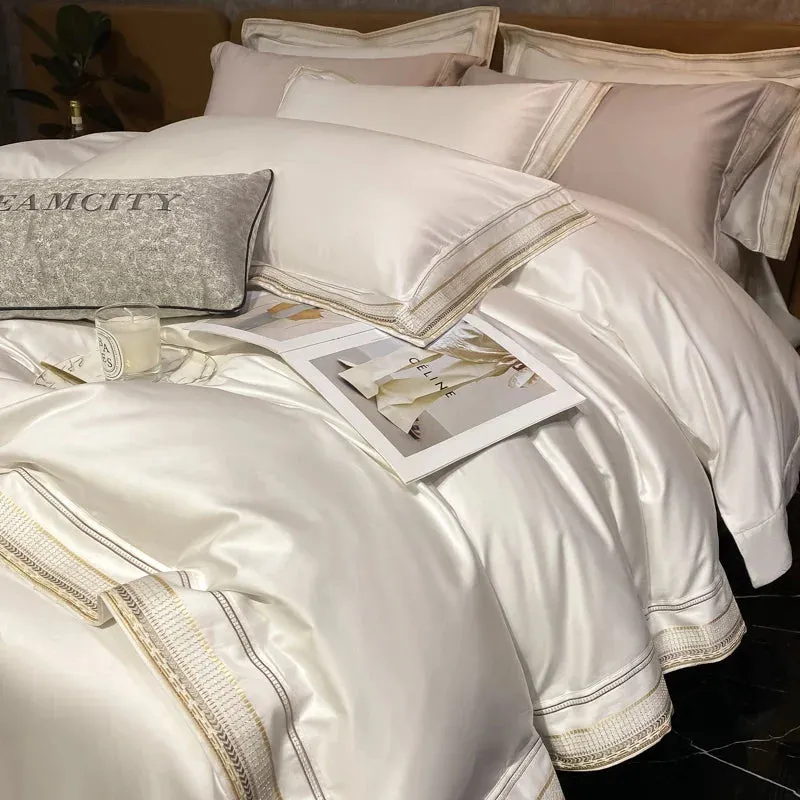 Flytonn-Luxury Embroidery King Size Bedding Set 600TC Egyptian Cotton Soft Smooth Duvet Cover Set Bed Sheet Set Fitted Sheet Pillowcases
