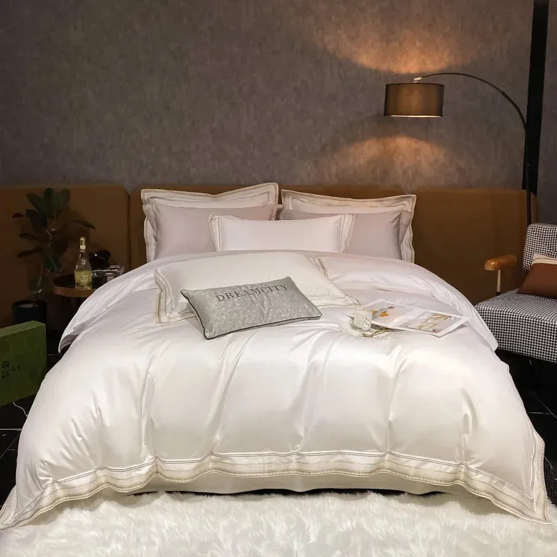 Flytonn-Luxury Embroidery King Size Bedding Set 600TC Egyptian Cotton Soft Smooth Duvet Cover Set Bed Sheet Set Fitted Sheet Pillowcases