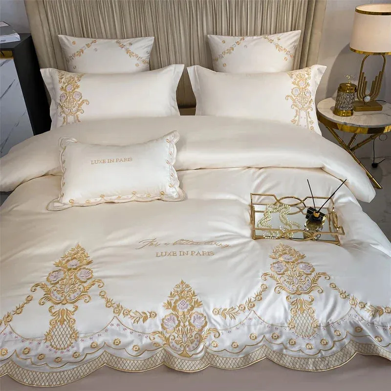 Flytonn-New Luxury 1000TC Egyptian Cotton Gold Chic Embroidery 4Pcs Bedding Set Quilt/Duvet Cover Set Bed Linen Fitted Sheet Pillowcases