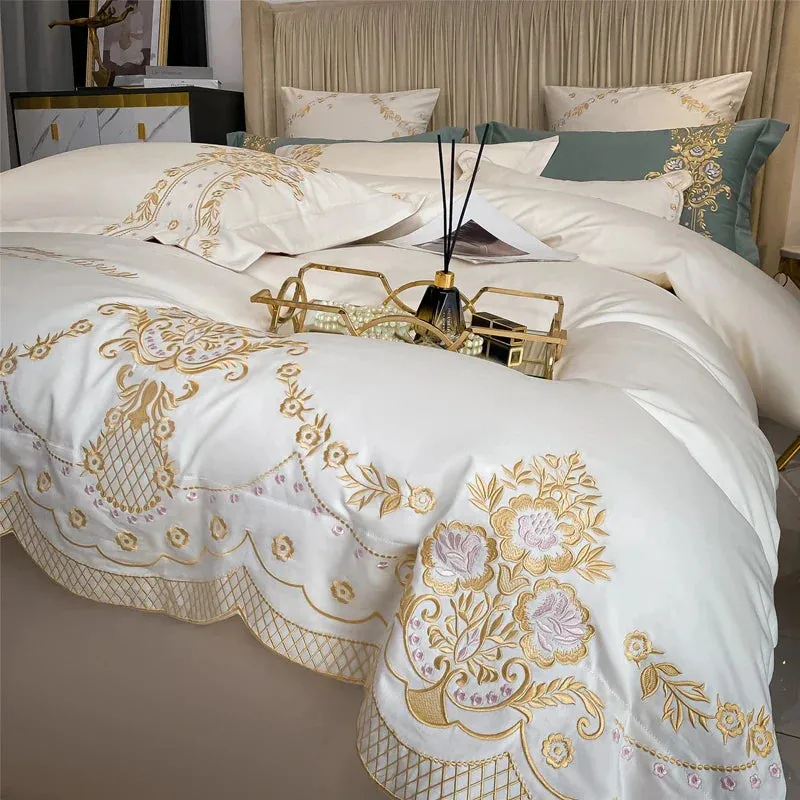 Flytonn-New Luxury 1000TC Egyptian Cotton Gold Chic Embroidery 4Pcs Bedding Set Quilt/Duvet Cover Set Bed Linen Fitted Sheet Pillowcases