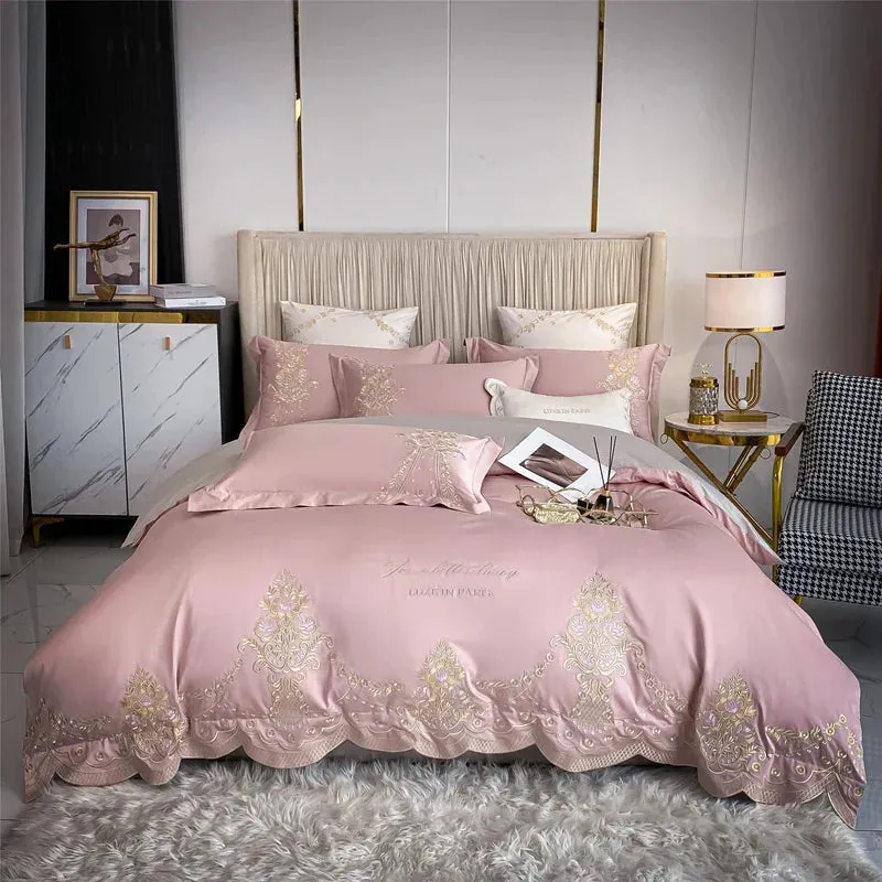 Flytonn-New Luxury 1000TC Egyptian Cotton Gold Chic Embroidery 4Pcs Bedding Set Quilt/Duvet Cover Set Bed Linen Fitted Sheet Pillowcases