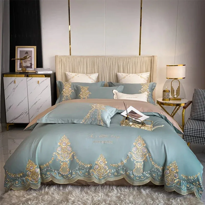 Flytonn-New Luxury 1000TC Egyptian Cotton Gold Chic Embroidery 4Pcs Bedding Set Quilt/Duvet Cover Set Bed Linen Fitted Sheet Pillowcases