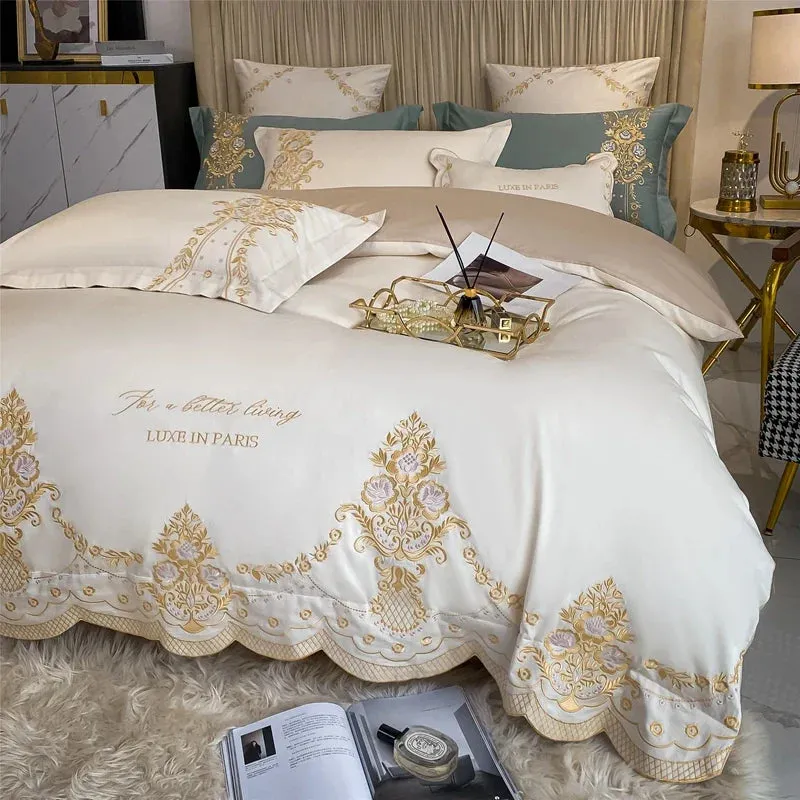Flytonn-New Luxury 1000TC Egyptian Cotton Gold Chic Embroidery 4Pcs Bedding Set Quilt/Duvet Cover Set Bed Linen Fitted Sheet Pillowcases