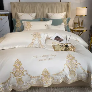 Flytonn-New Luxury 1000TC Egyptian Cotton Gold Chic Embroidery 4Pcs Bedding Set Quilt/Duvet Cover Set Bed Linen Fitted Sheet Pillowcases