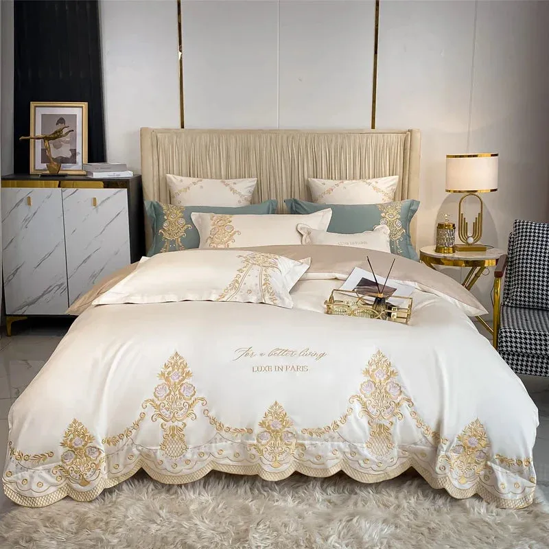 Flytonn-New Luxury 1000TC Egyptian Cotton Gold Chic Embroidery 4Pcs Bedding Set Quilt/Duvet Cover Set Bed Linen Fitted Sheet Pillowcases