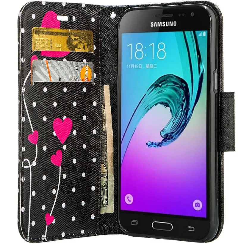 Galaxy Go Prime Case / Grand Prime Wallet Case, Wrist Strap Magnetic Flip Fold[Kickstand] Pu Leather Wallet Case with ID & Credit Card Slot - Polka Dot Heart