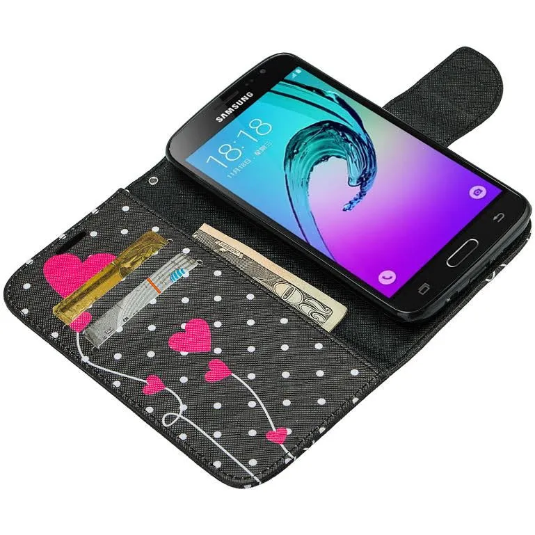 Galaxy Go Prime Case / Grand Prime Wallet Case, Wrist Strap Magnetic Flip Fold[Kickstand] Pu Leather Wallet Case with ID & Credit Card Slot - Polka Dot Heart