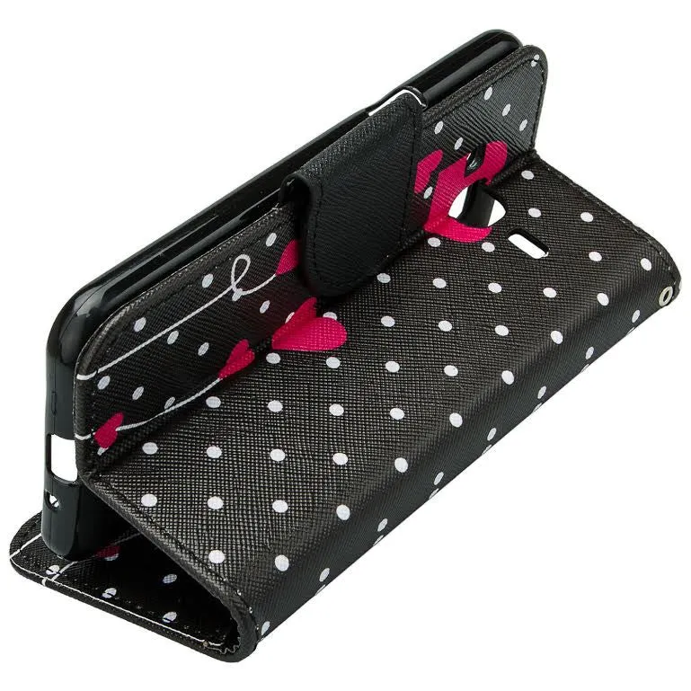 Galaxy Go Prime Case / Grand Prime Wallet Case, Wrist Strap Magnetic Flip Fold[Kickstand] Pu Leather Wallet Case with ID & Credit Card Slot - Polka Dot Heart